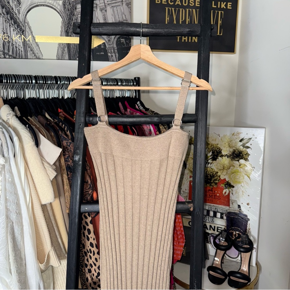 Something Navy Bustier Ribbed Sweater Dress Tan Midi Womens Small - Picture 9 of 11